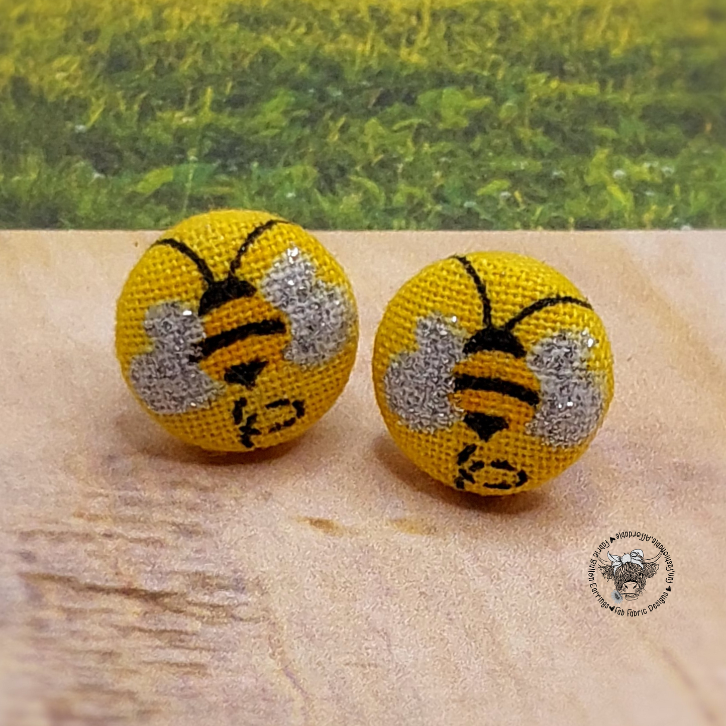 Bee Fabric Button Stud Earrings (13mm)