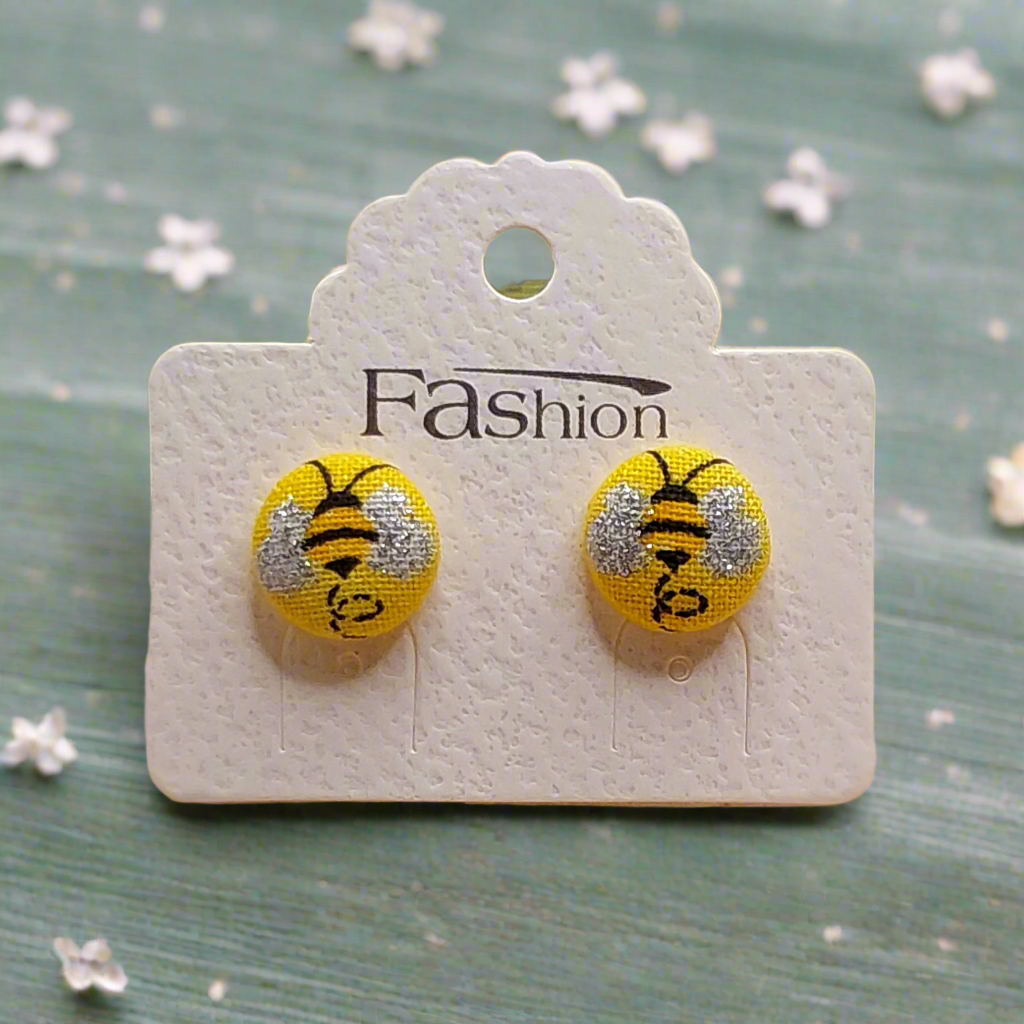 Bee Fabric Button Stud Earrings (13mm)