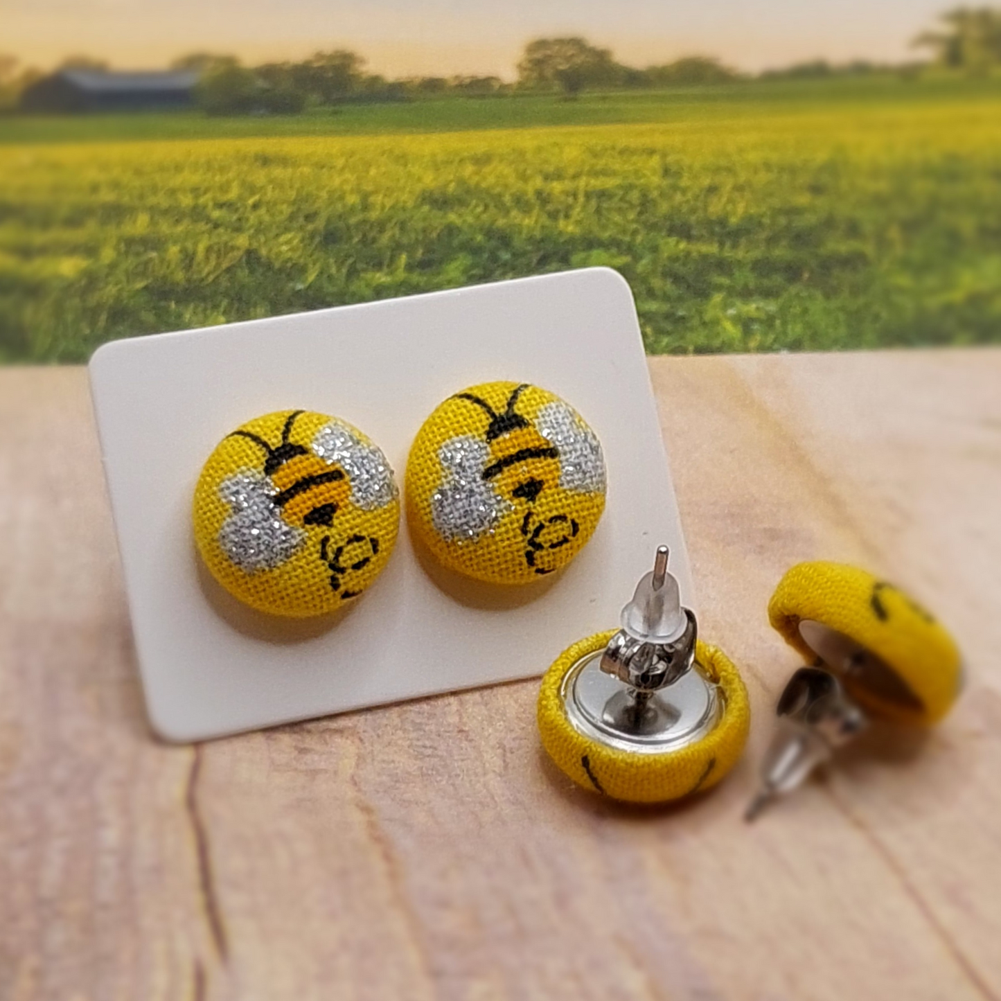 Bee Fabric Button Stud Earrings (13mm)