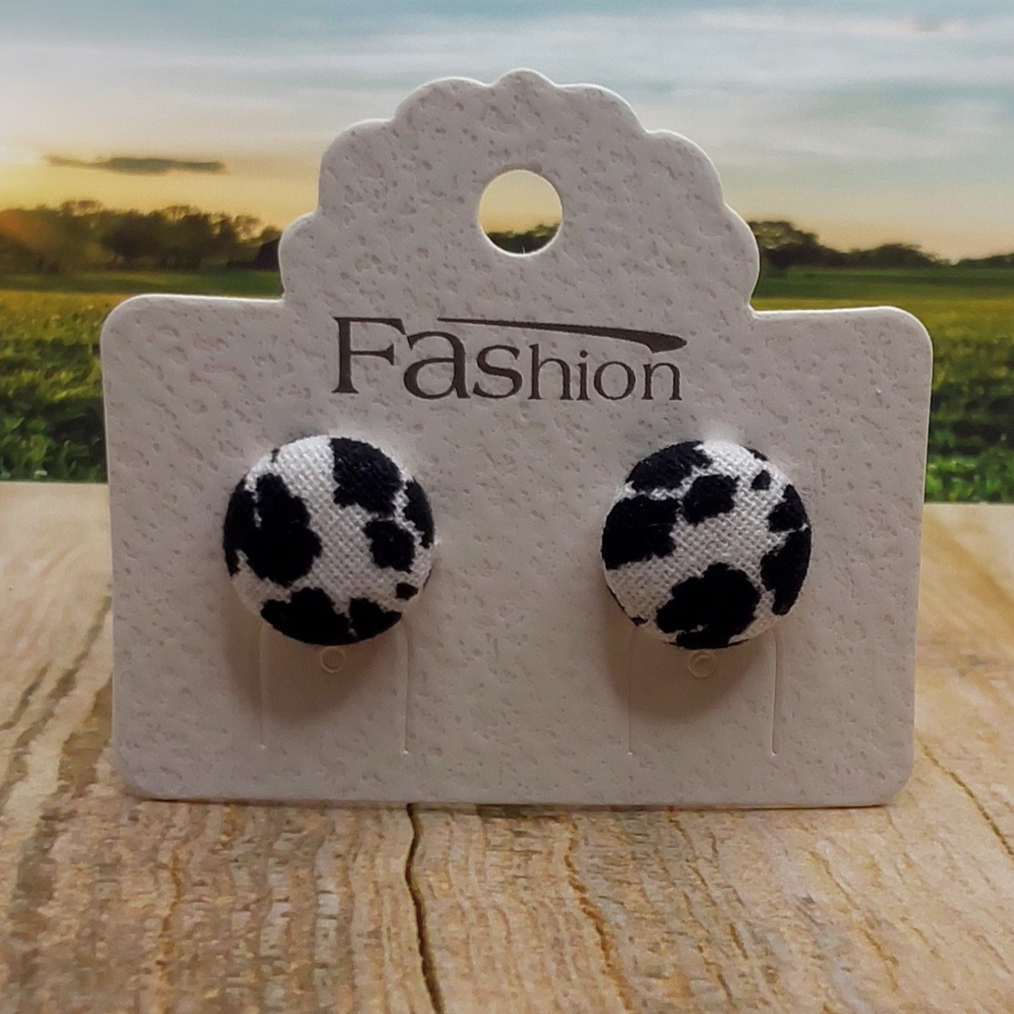 Black Cow Print Fabric Button Stud Earrings (13mm)