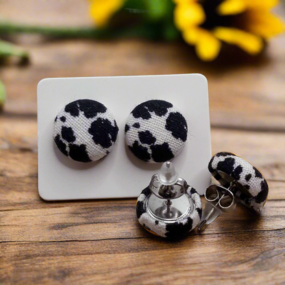 Black Cow Print Fabric Button Earrings (13mm)