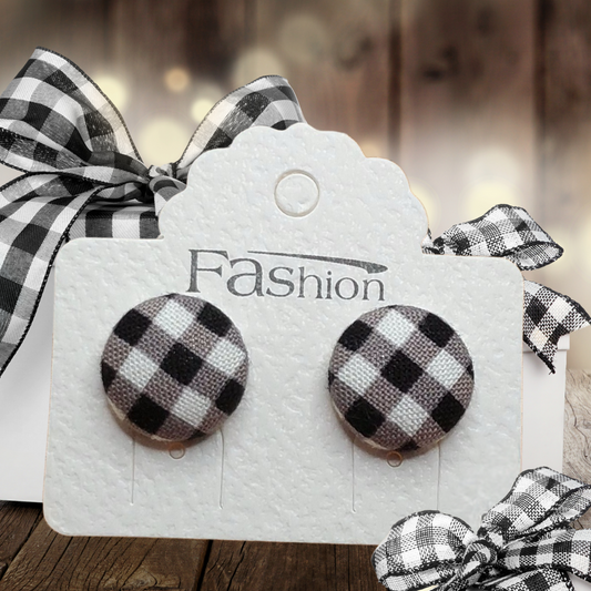 Black Gingham Fabric Button Stud Earrings (16mm)