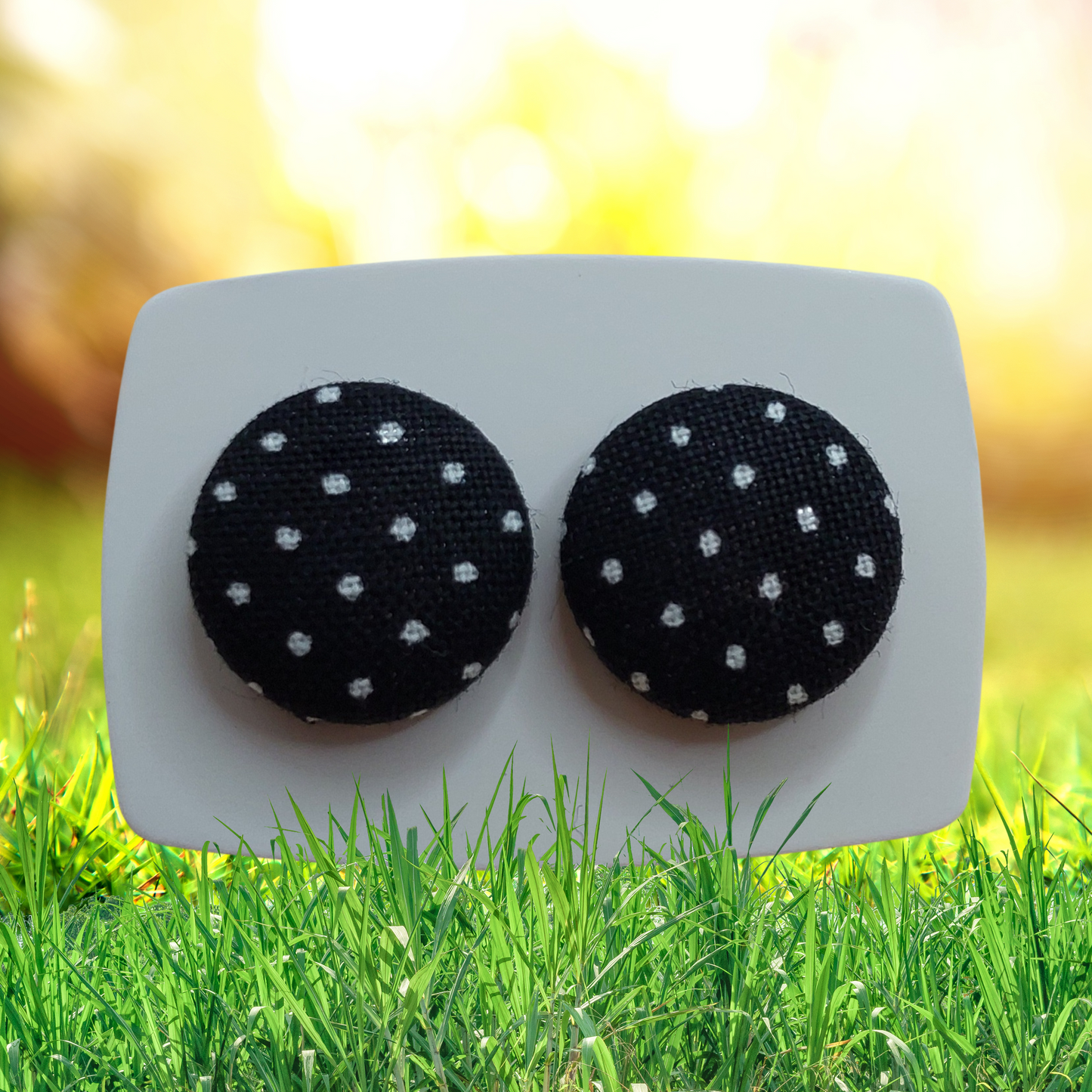 Black Pin Dot Fabric Button Stud Earrings (16mm)