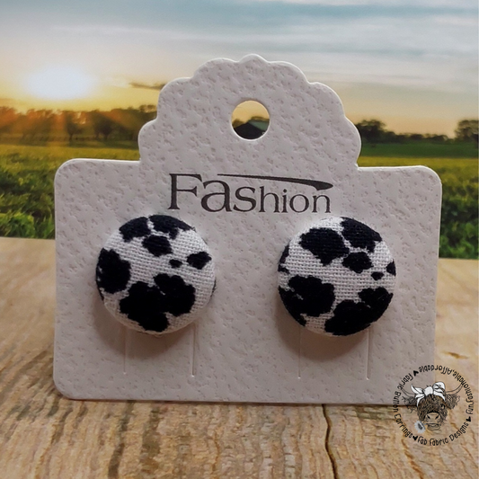 Black Cow Print Fabric Button Stud Earrings (16mm)