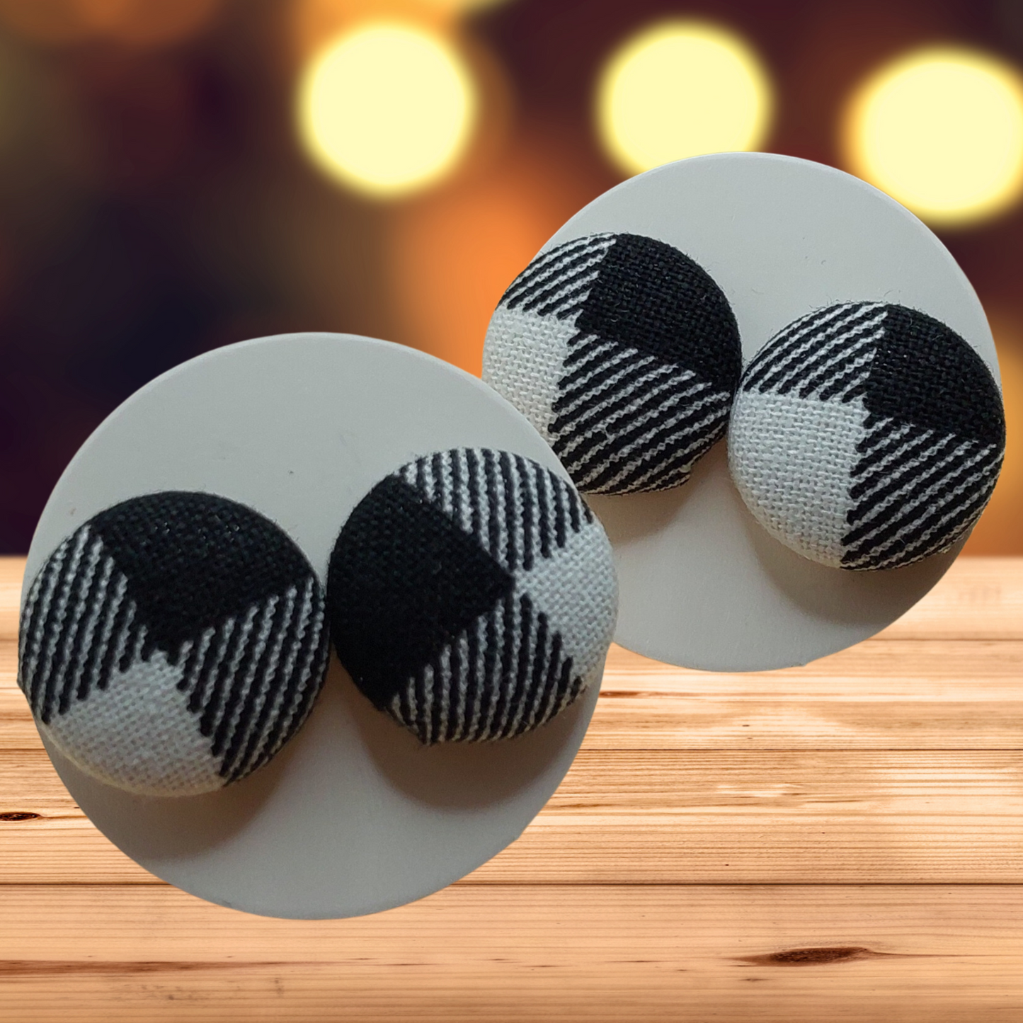 Black & White Checkered Fabric Button Stud Earrings (16mm)