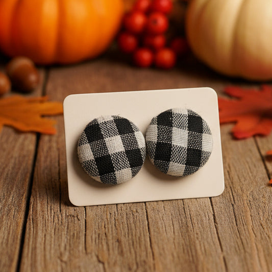 Black & White Plaid Fabric Button Earrings