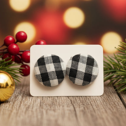 Black & White Plaid Fabric Button Earrings