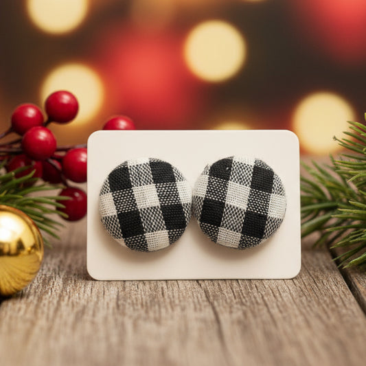 Black & White Plaid Fabric Button Earrings