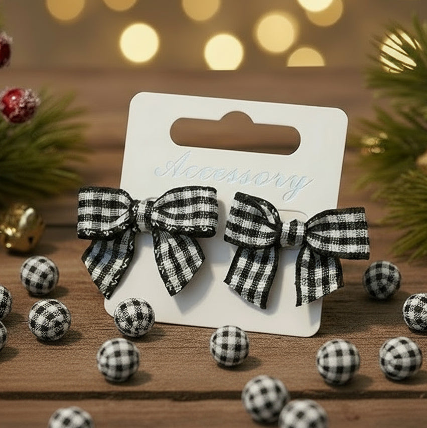 Black & White Plaid Ribbon Bow Earrings