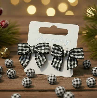 Black & White Plaid Ribbon Bow Earrings