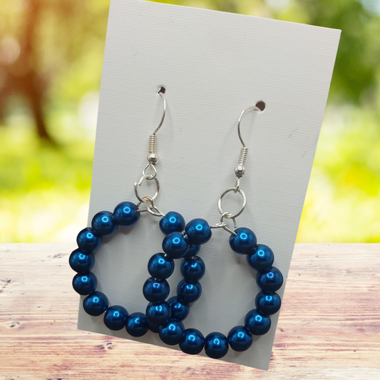 Blue Beaded Hoop Dangle Earrings