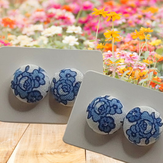 Blue Country Floral Fabric Button Stud Earrings (13mm)