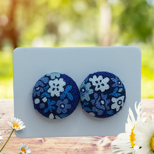 Blue Floral Fabric Button Stud Earrings (13mm)