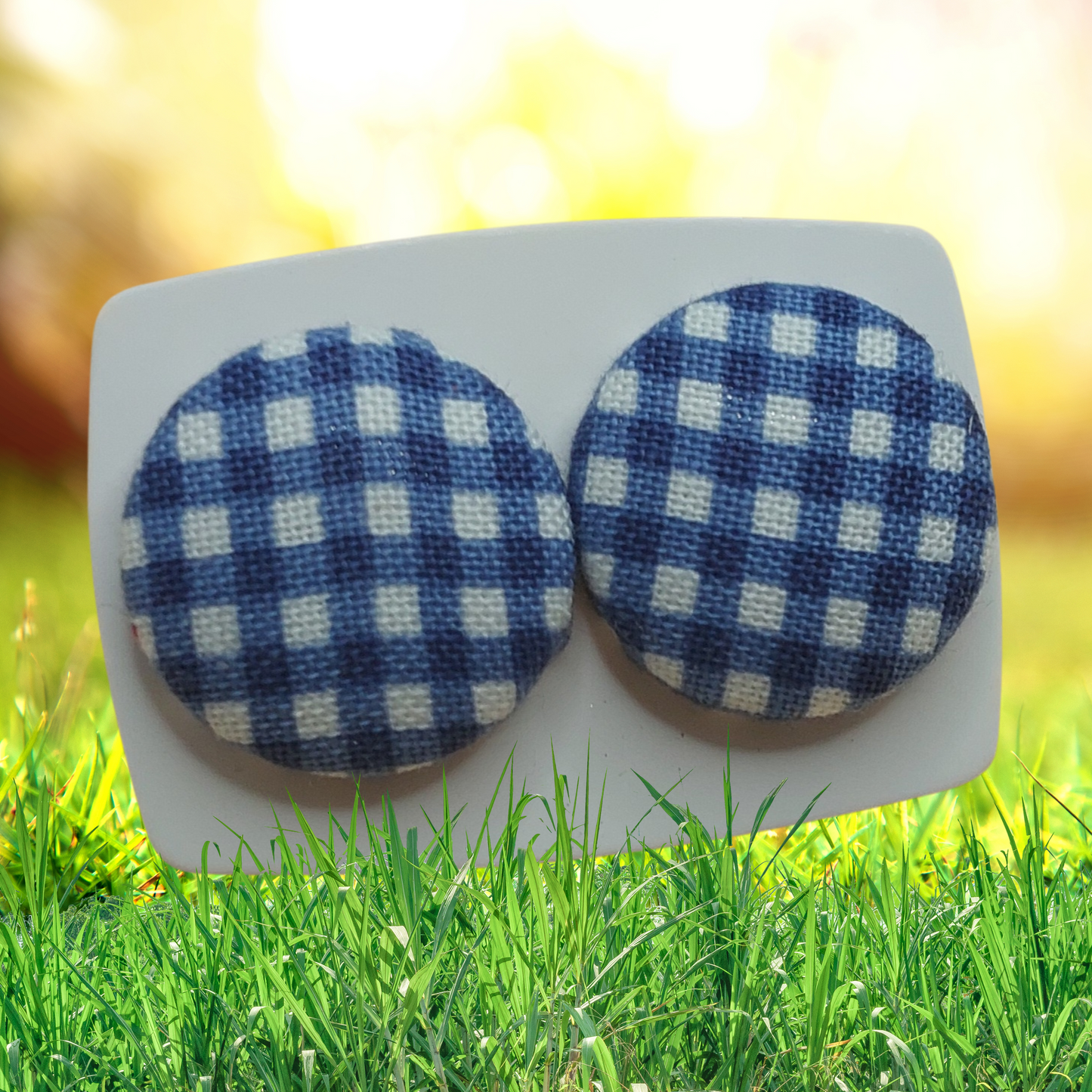 Blue Gingham Fabric Button Stud Earrings (19mm)