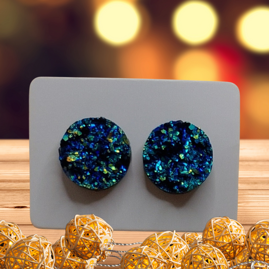 Blue Imitation Druzy Earrings (11mm)