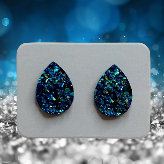 Blue Imitation Druzy Teardrop Earrings (13mm)