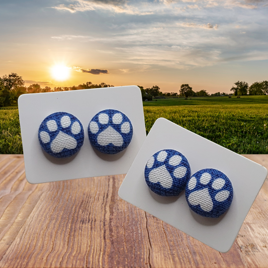 Blue Paw Print Fabric Button Stud Earrings (13mm)