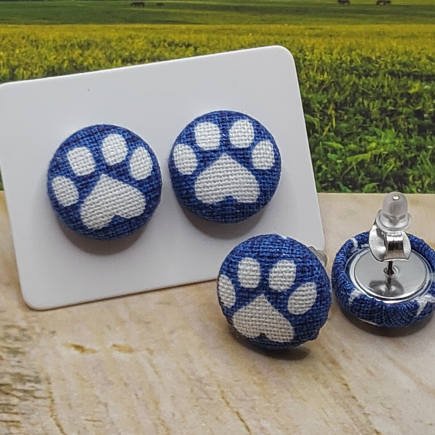 Blue Paw Print Fabric Button Stud Earrings (13mm)