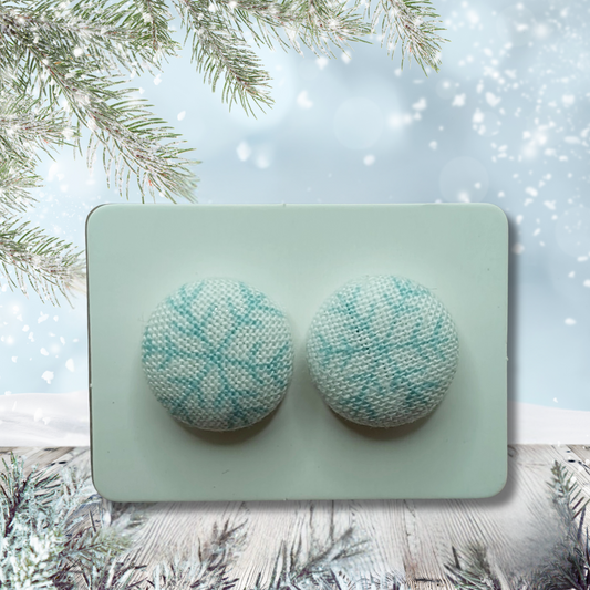 Blue Snowflakes Fabric Button Stud Earrings (13mm)