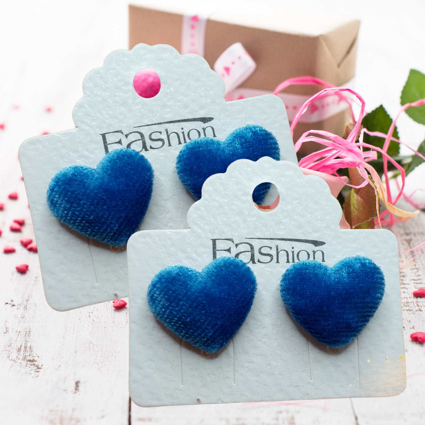 Blue Velvet Heart Fabric Earrings (15mm)