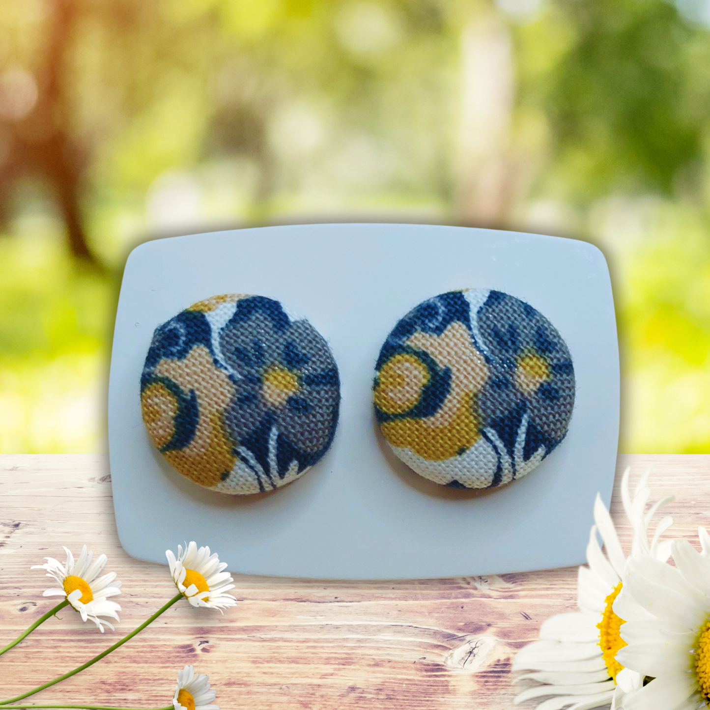 Blue & Gold Floral Fabric Button Stud Earrings (16mm)