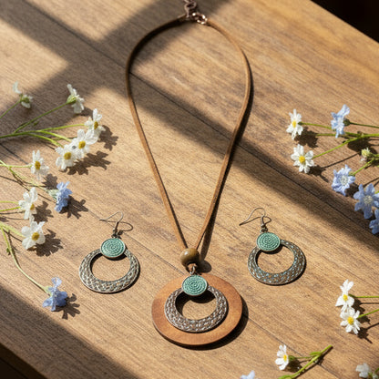 Bohemian Style Copper & Wood Ring Dangle Earrings & Necklaces Set