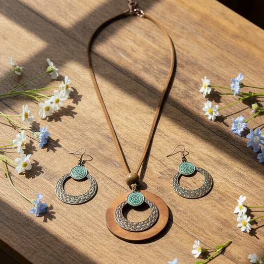 Bohemian Style Copper & Wood Ring Dangle Earrings & Necklaces Set