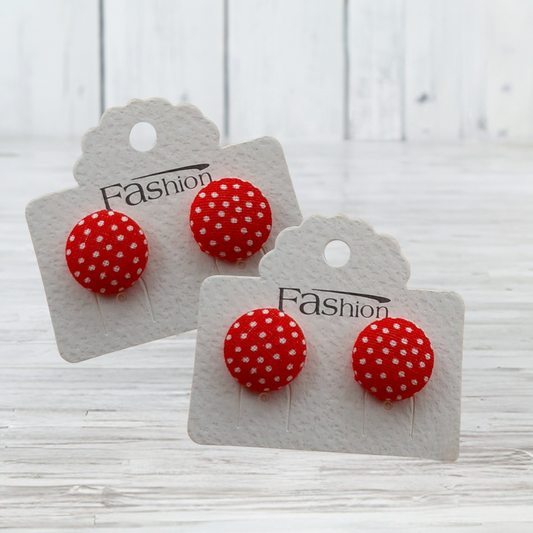 Bow Wow Polka Dot Fabric Button Earrings (16mm)