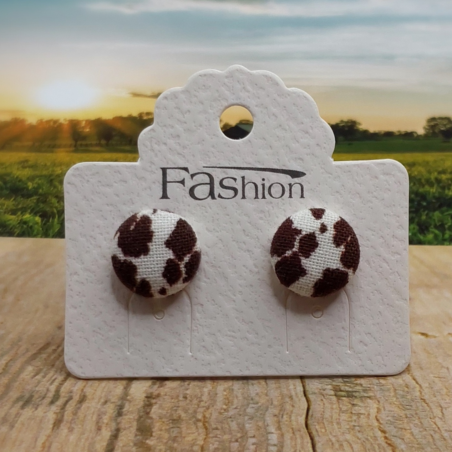 Brown Cow Print Fabric Button Stud Earrings (13mm)