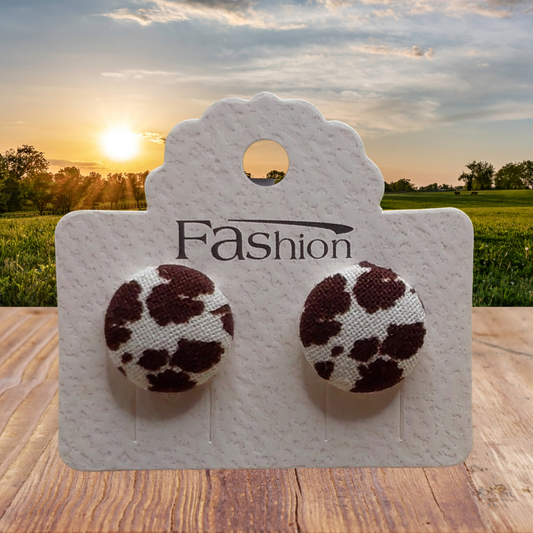 Brown Cow Print Fabric Button Stud Earrings (16mm)