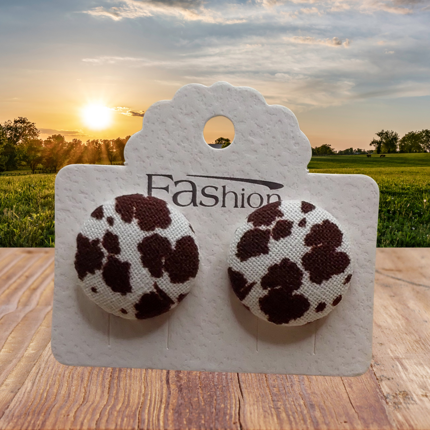 Brown Cow Print Fabric Button Earrings (19mm)