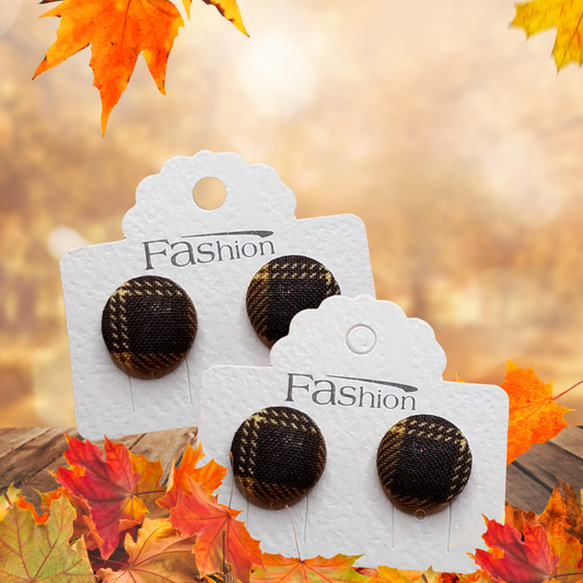 Brown Plaid Fabric Button Stud Earrings (16mm)