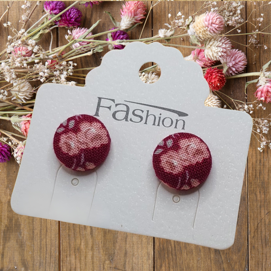 Burgundy Floral Fabric Button Stud Earrings (13mm)