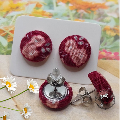 Burgundy Floral Fabric Button Stud Earrings (13mm)