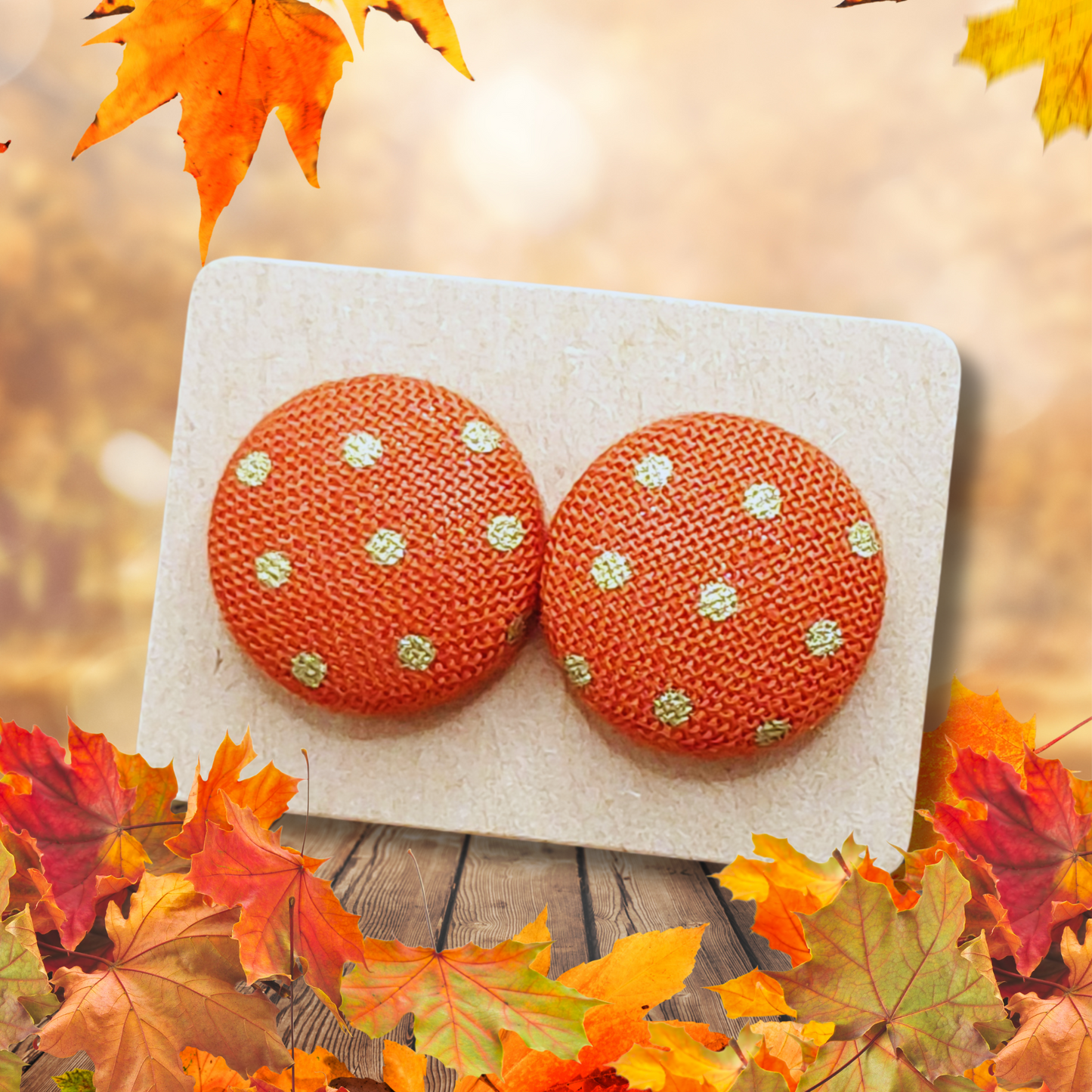 Burnt Orange & Gold Dot Fabric Button Stud Earrings (16mm)