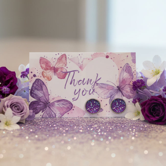 Butterflies Thank You Card with 14mm Purple Imitation Druzy Earrings