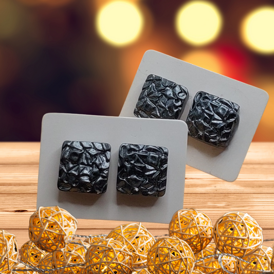 Charcoal Pearlescent Textured Square Earrings (12mm)