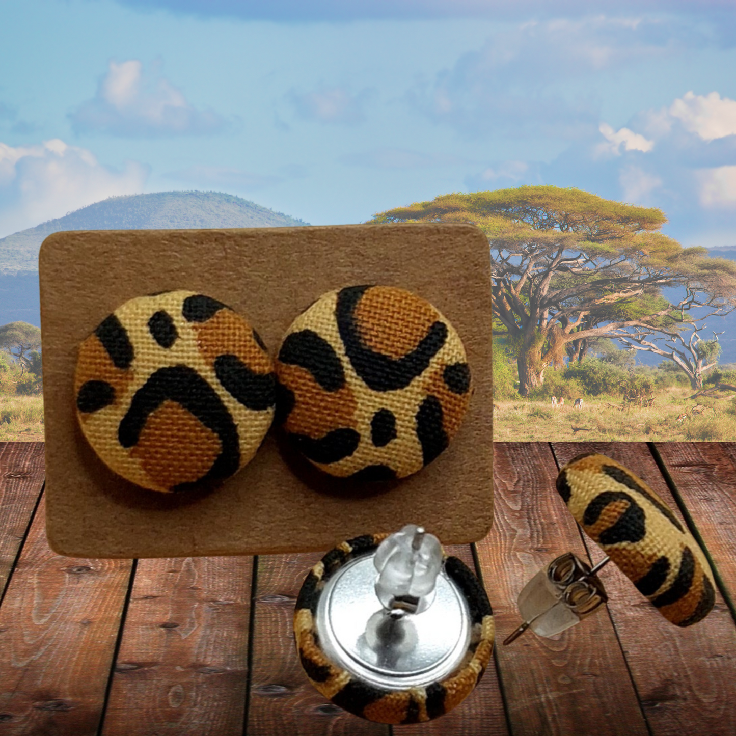 Cheetah Print Fabric Button Stud Earrings (16mm)