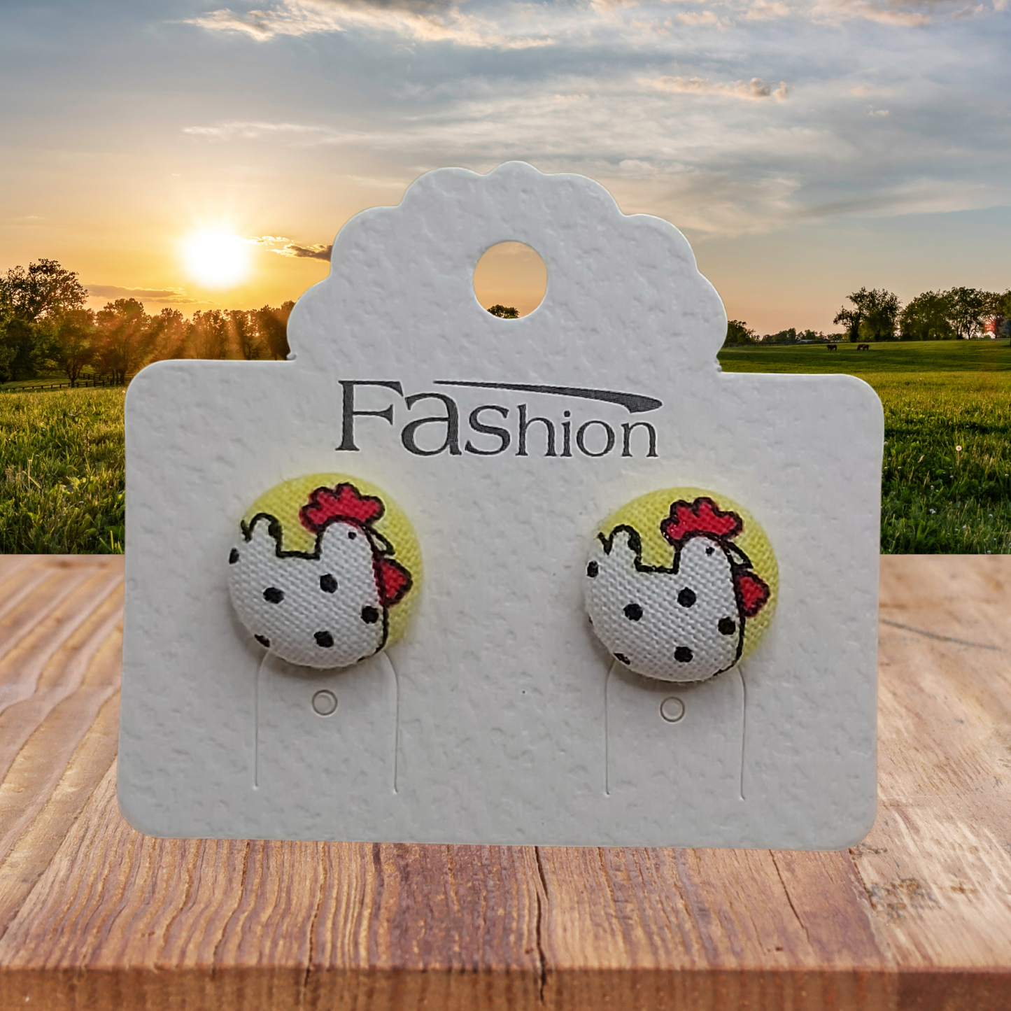 Chicken Fabric Button Stud Earrings (13mm)
