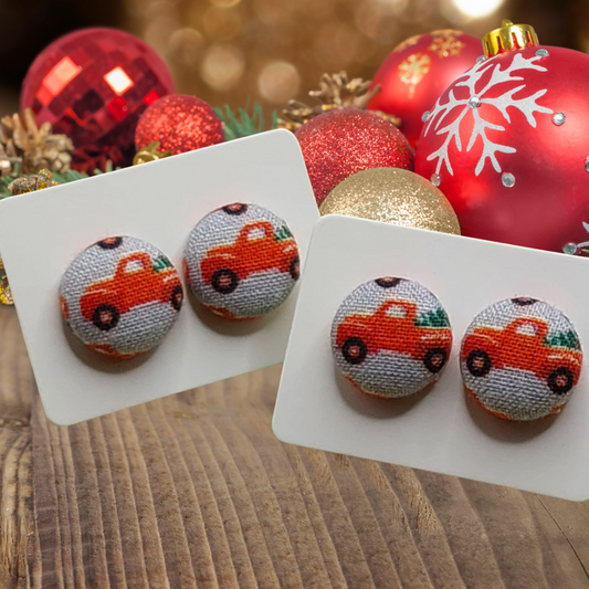 Christmas Red Truck Fabric Button Stud Earrings (13mm)