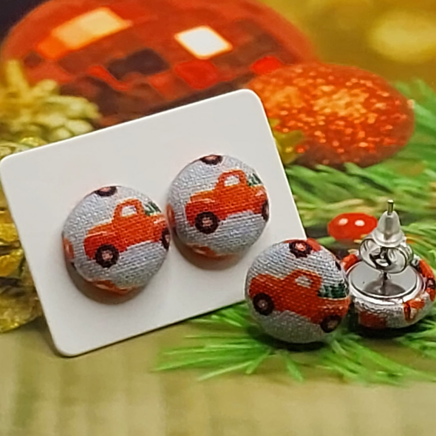 Christmas Red Truck Fabric Button Stud Earrings (13mm)