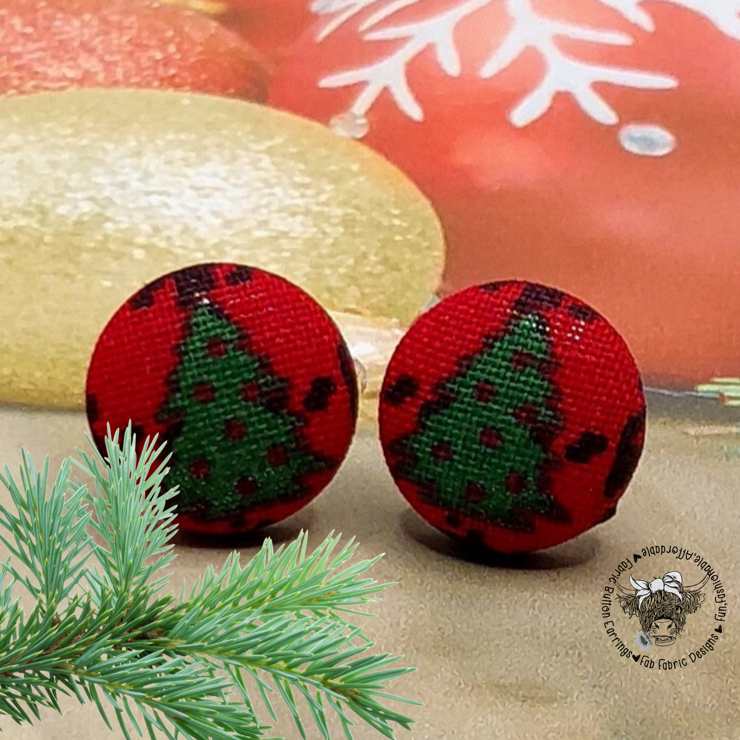 Christmas Trees - Red Fabric Button Stud Earrings (16mm)