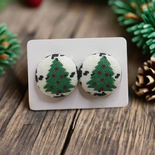 Christmas Trees Fabric Button Stud Earrings (16mm)