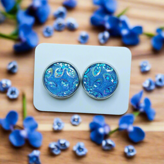 Cornflower Blue Floral Pattern Imitation Druzy Earrings (14mm)