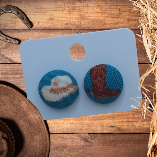 Cowgirl Hat & Boot Fabric Button Earrings (16mm)