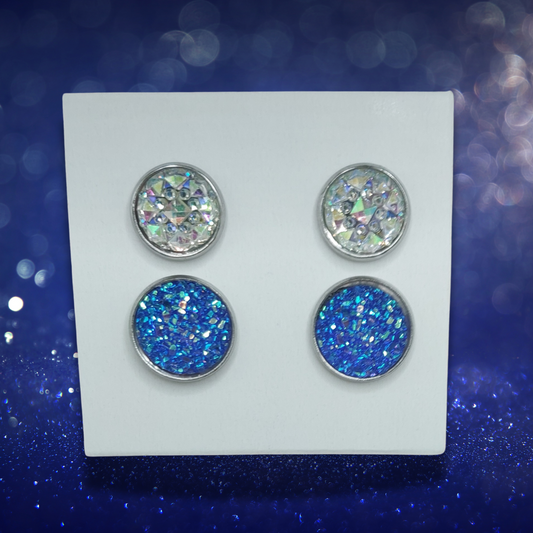 Crystal Diamond Pattern & Blue Imitation Druzy Earring Set