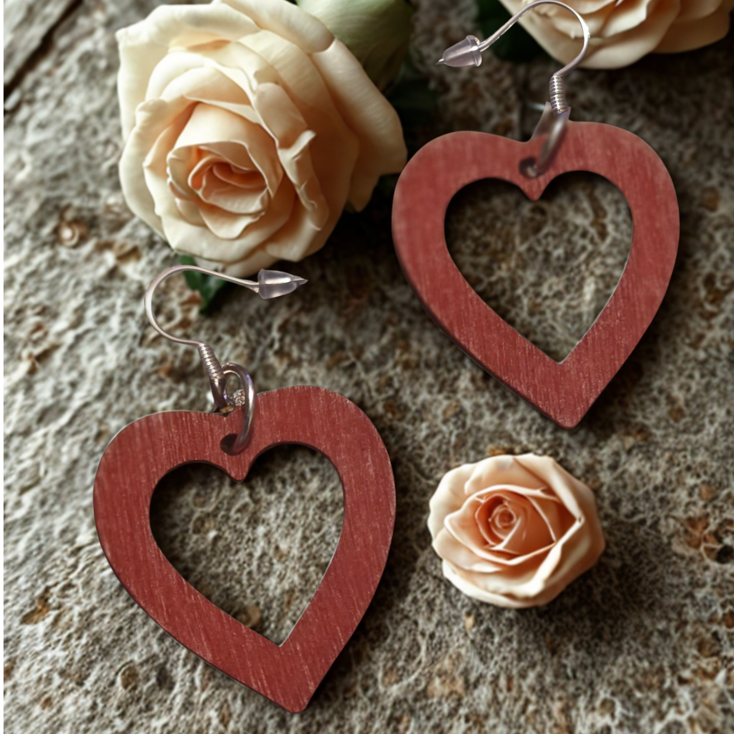 Dark Red Wood Heart Dangle Earrings