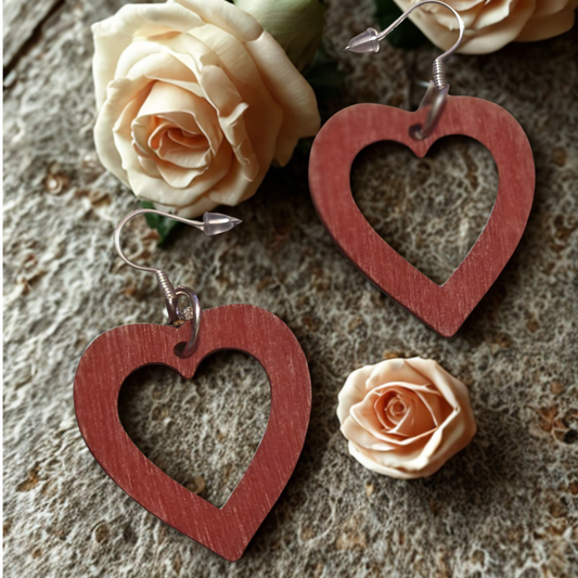 Dark Red Wood Heart Dangle Earrings