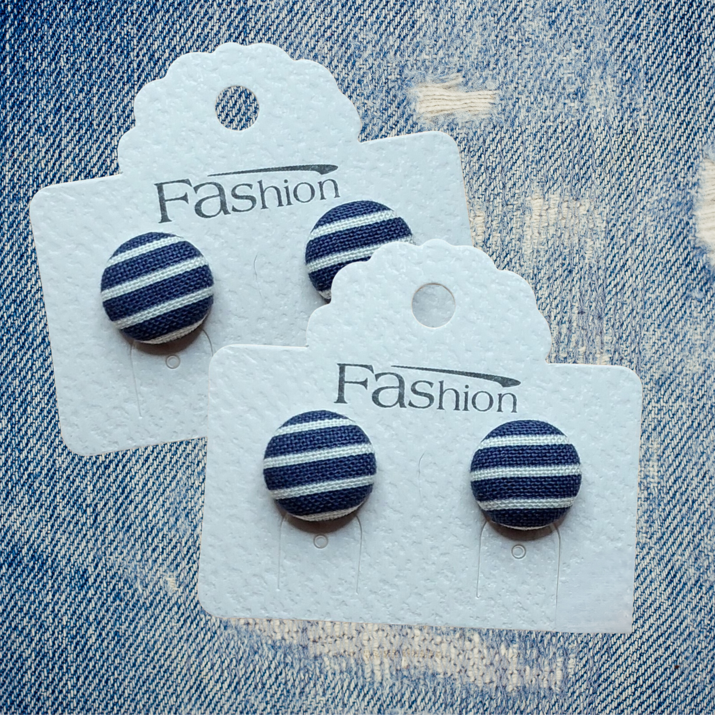 Denim Stripes Fabric Button Stud Earrings (13mm)