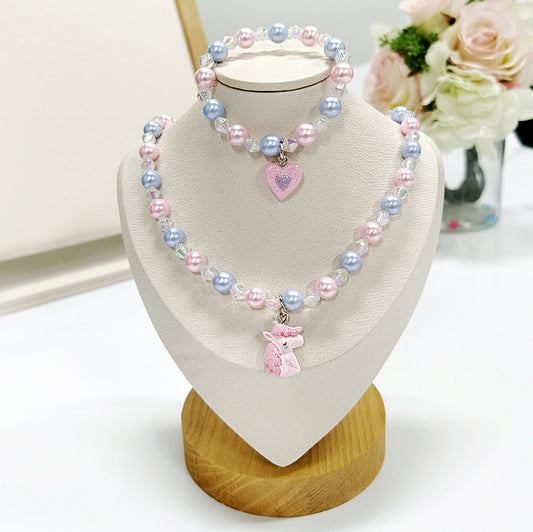Kids Unicorn Beaded Stretch Necklace & Heart Charm Bracelet Set